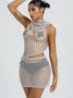 Mesh BlingBling Backless Asymmetrical Plain Top With Skirt Matching Set
