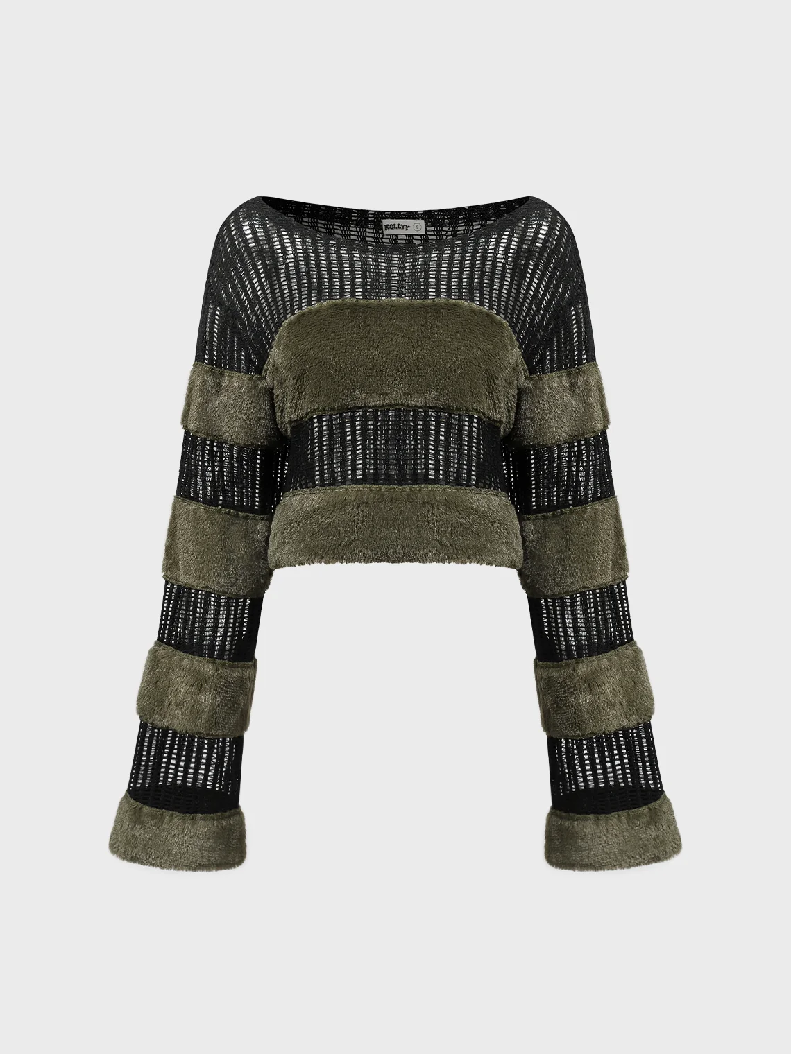 Net Cut Out Patchwork Fuzzy Long Sleeve Crop Top