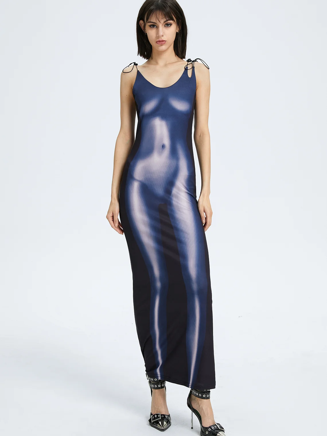 【Final Sale】Edgy Blue Body print Asymmetrical design Dress Midi Dress