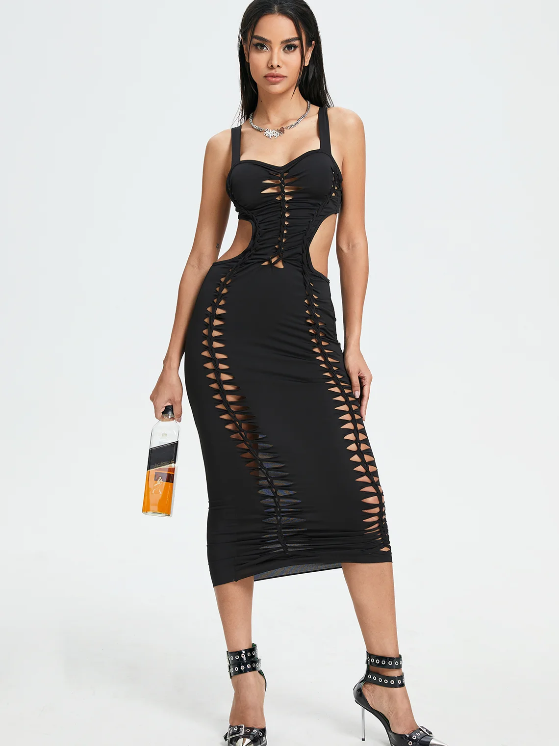 Street Brown Cut Out Dress Midi Dress