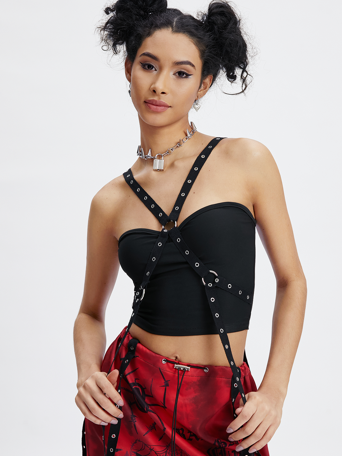Metal Detail Lace Up Spaghetti Tight Plain Sleeveless Cami
