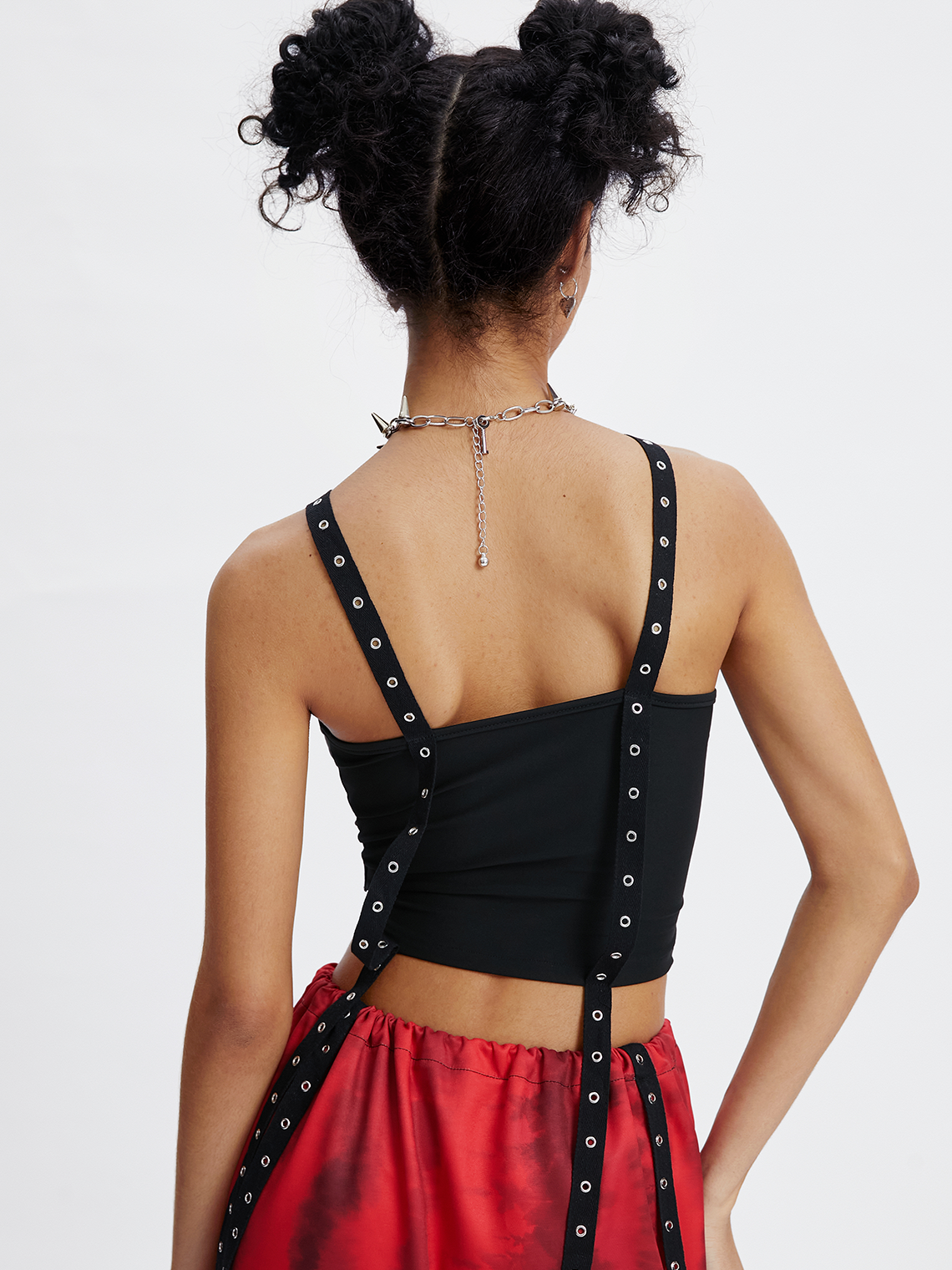 Metal Detail Lace Up Spaghetti Tight Plain Sleeveless Cami