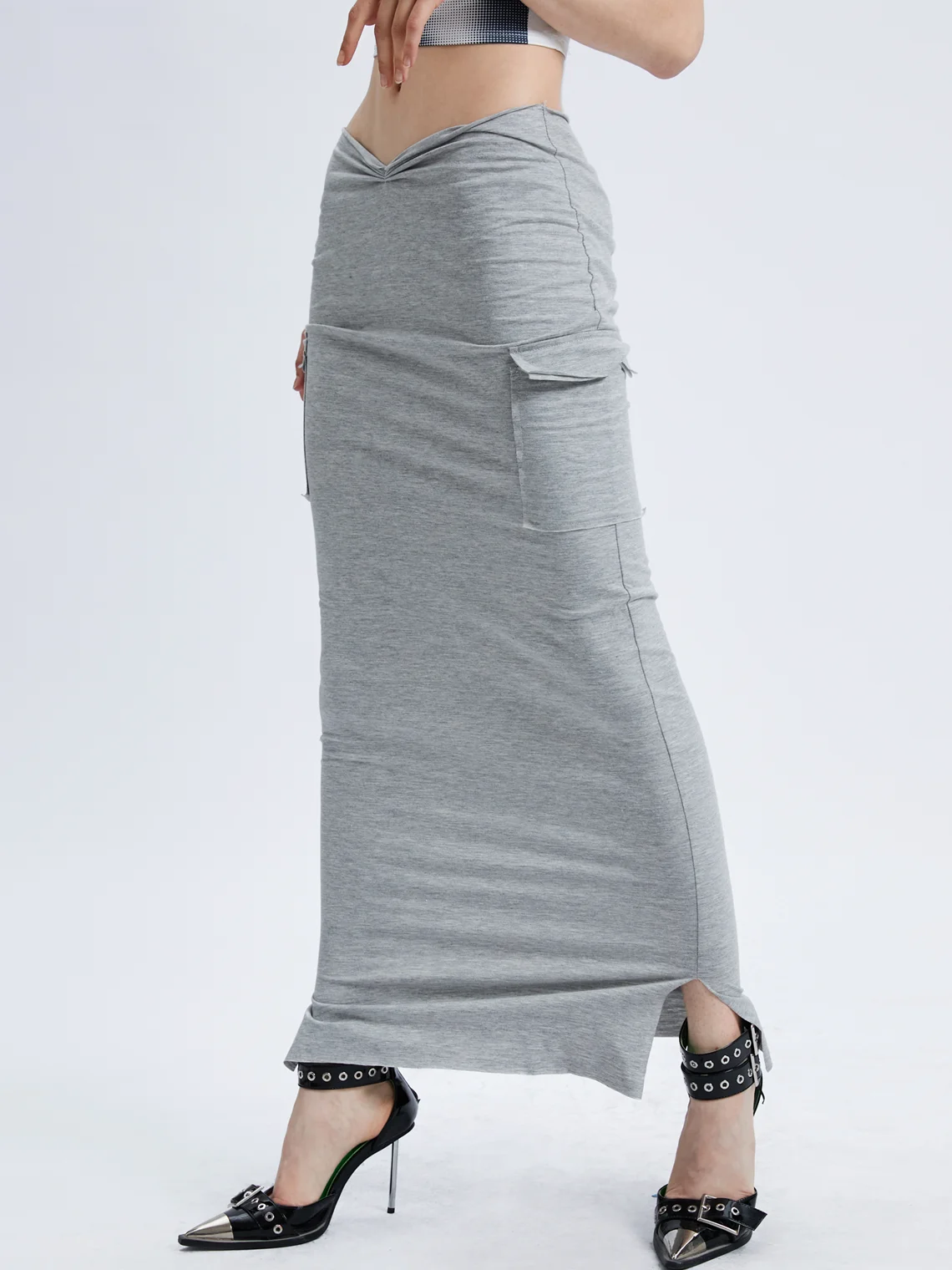 Street Gray Wrinkled Side Slit Bottom Skirt