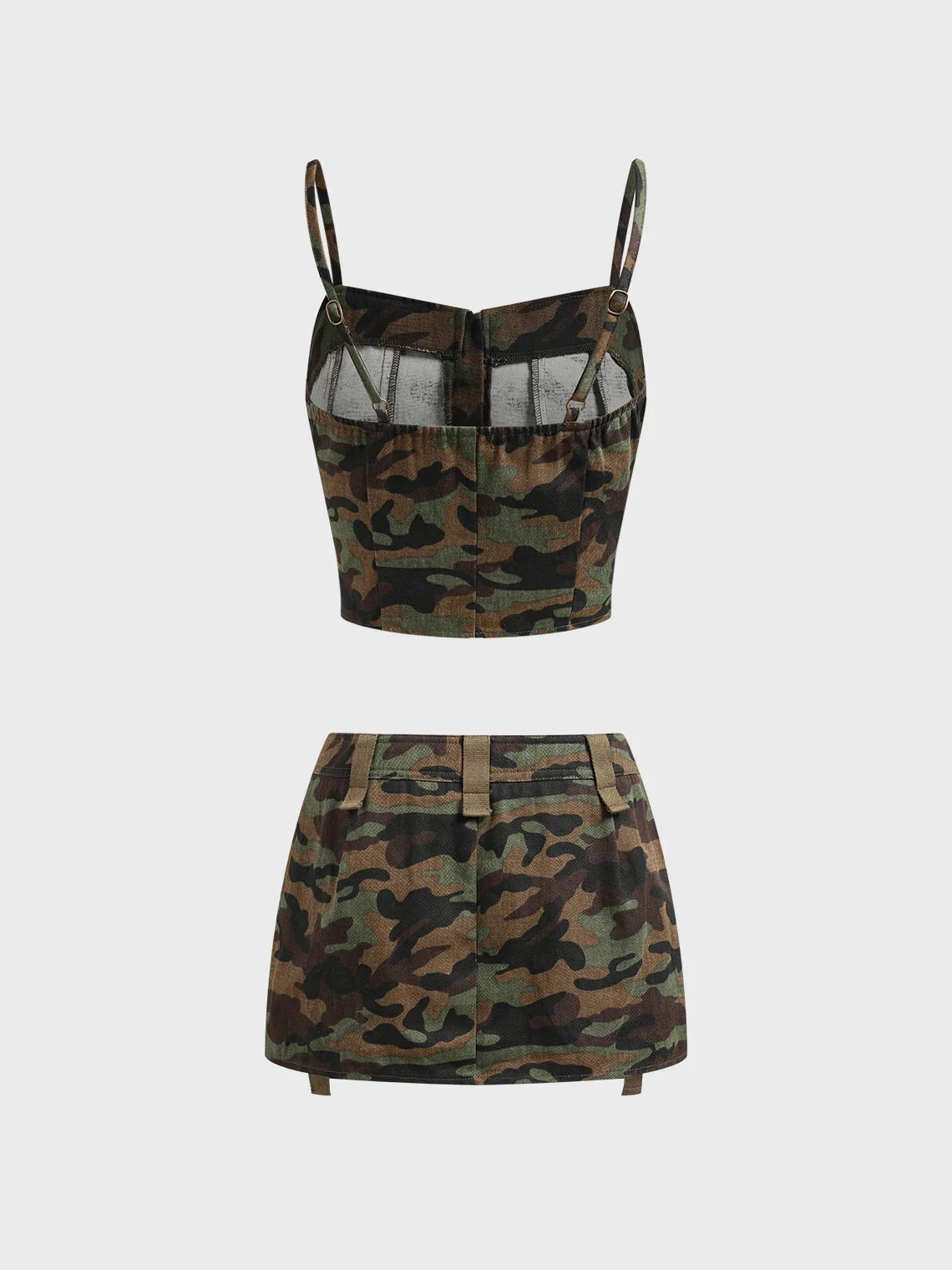 【Final Sale】Twill Cargo Patchwork Camo Top With Skirt Two-Piece Set