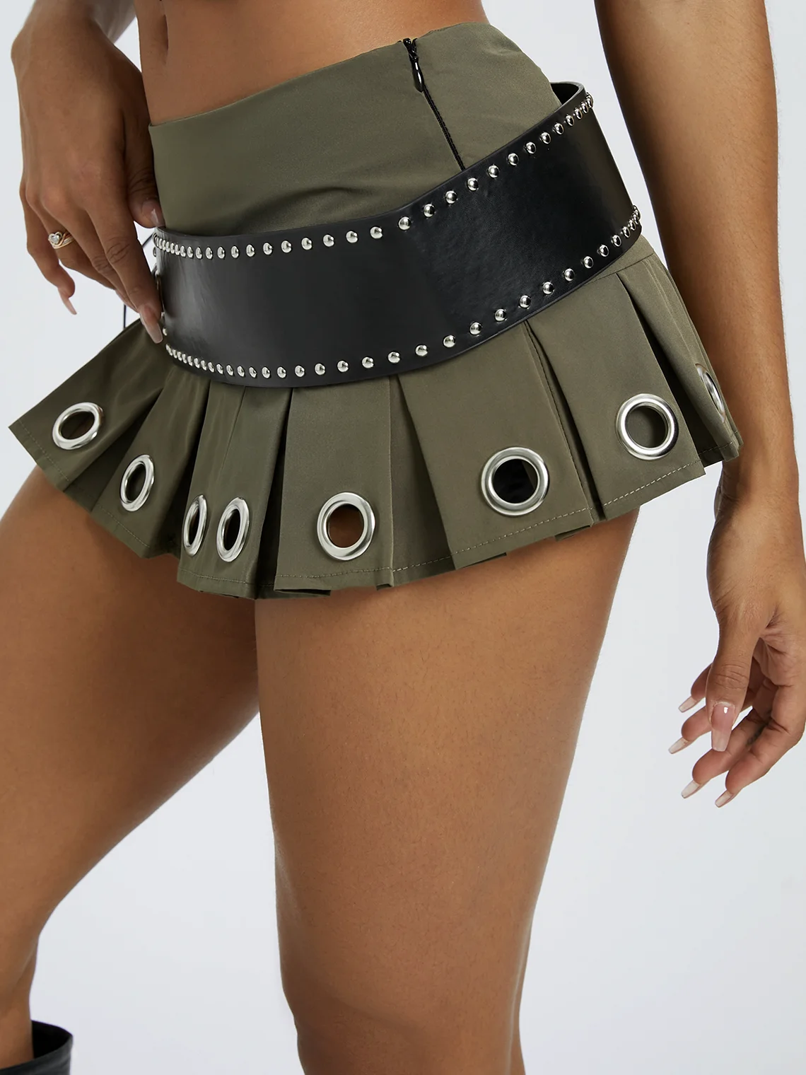 Belt Pleated Metal Plain Short Skirt