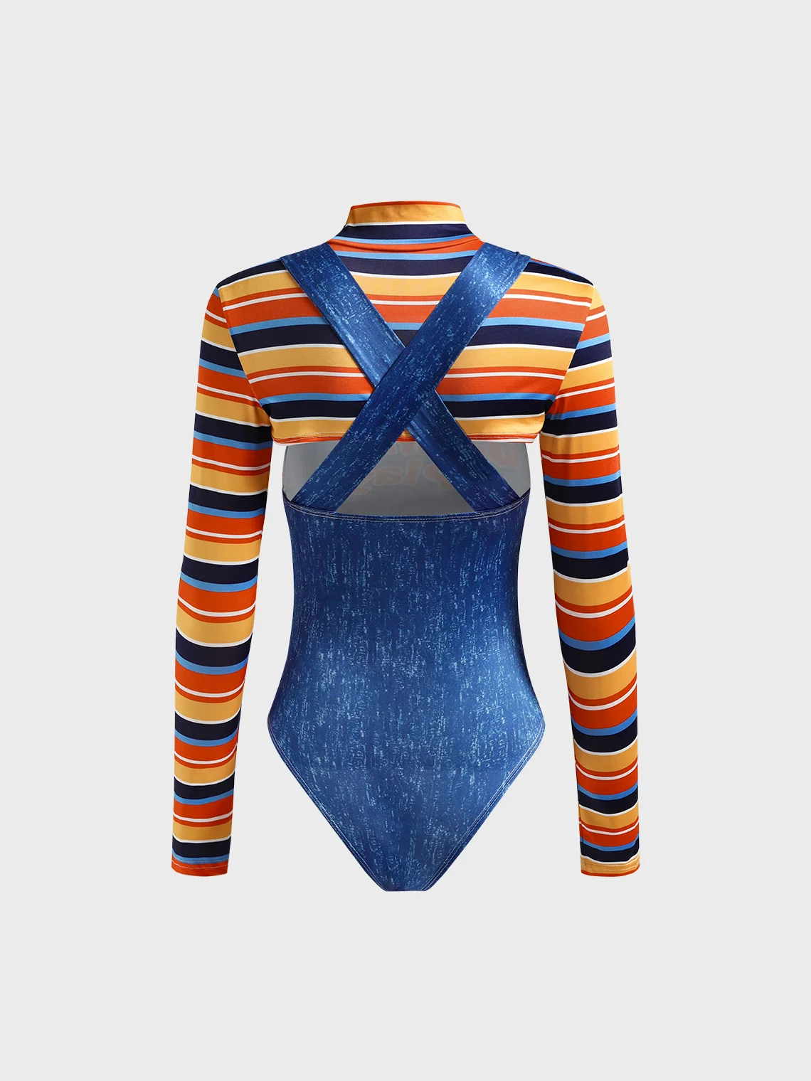 【Final Sale】Stand Collar Striped Long Sleeve Patchwork Bodysuit