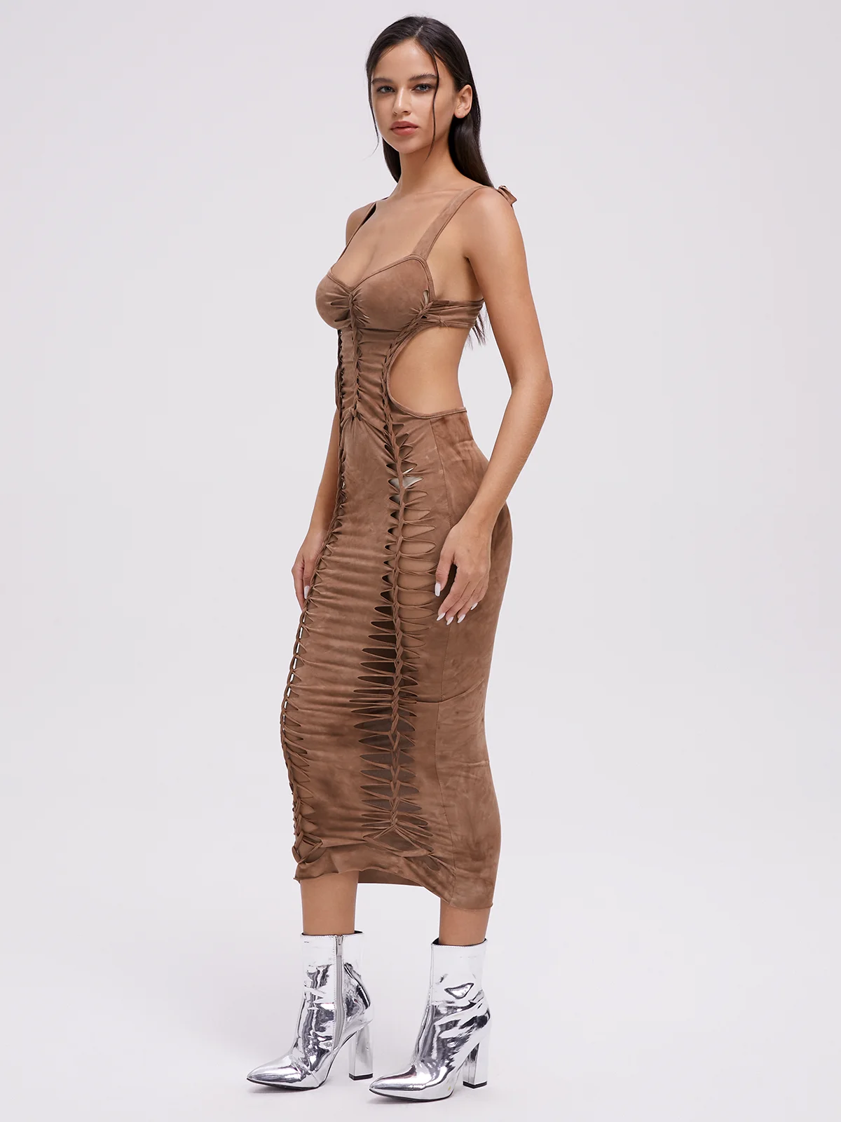 Street Brown Cut Out Dress Midi Dress