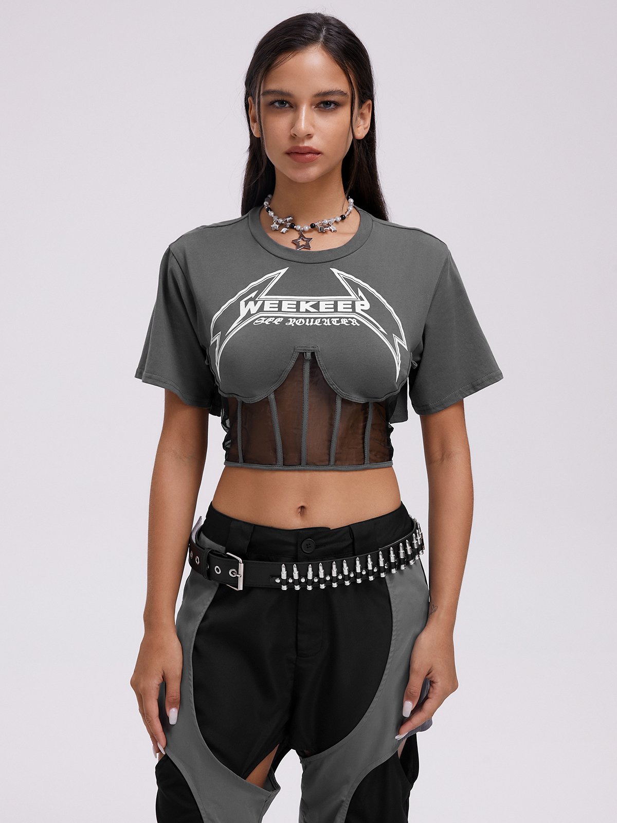 【Final Sale】Street Gray Graphic Patchwork Mesh Top T-Shirt