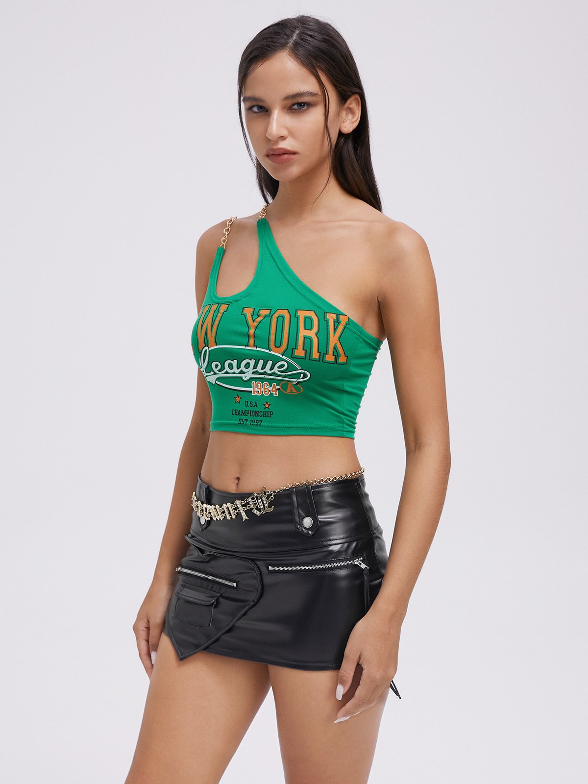 Street Green Asymmetrical Design Metal Letter Top Tank Top & Cami