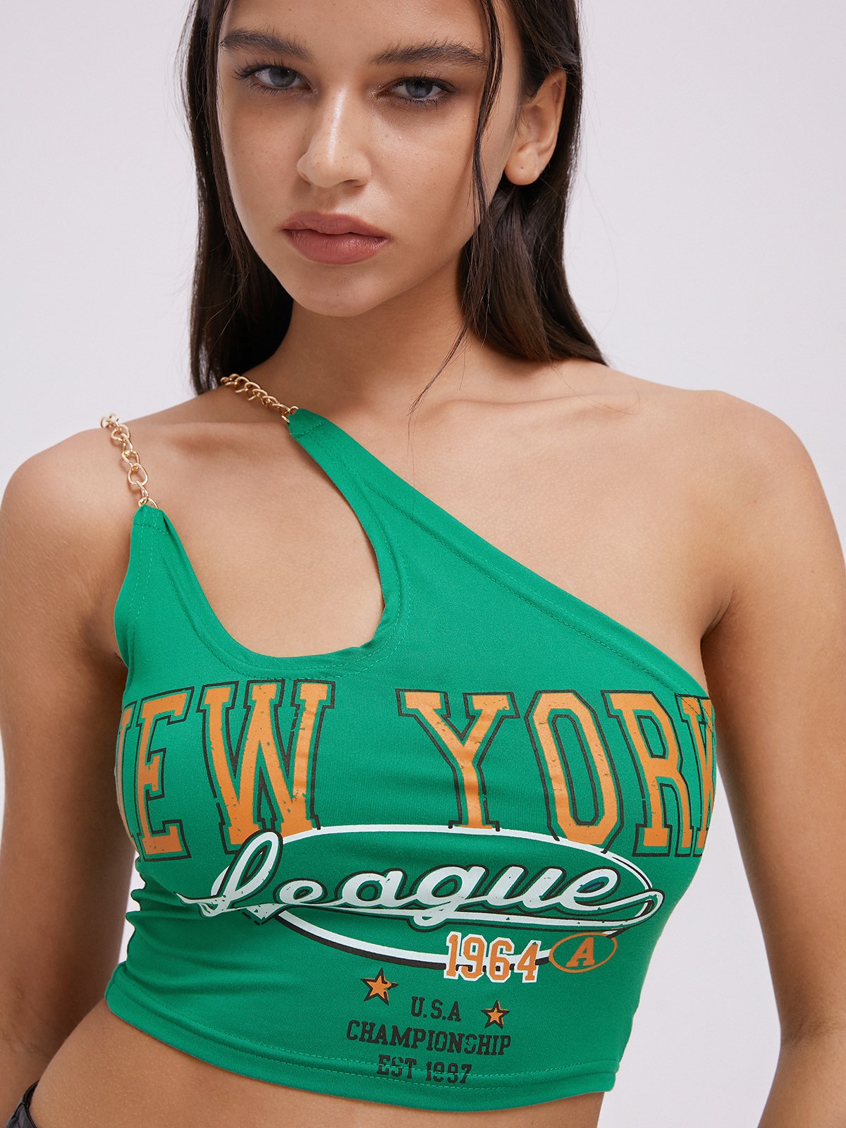 Street Green Asymmetrical Design Metal Letter Top Tank Top & Cami