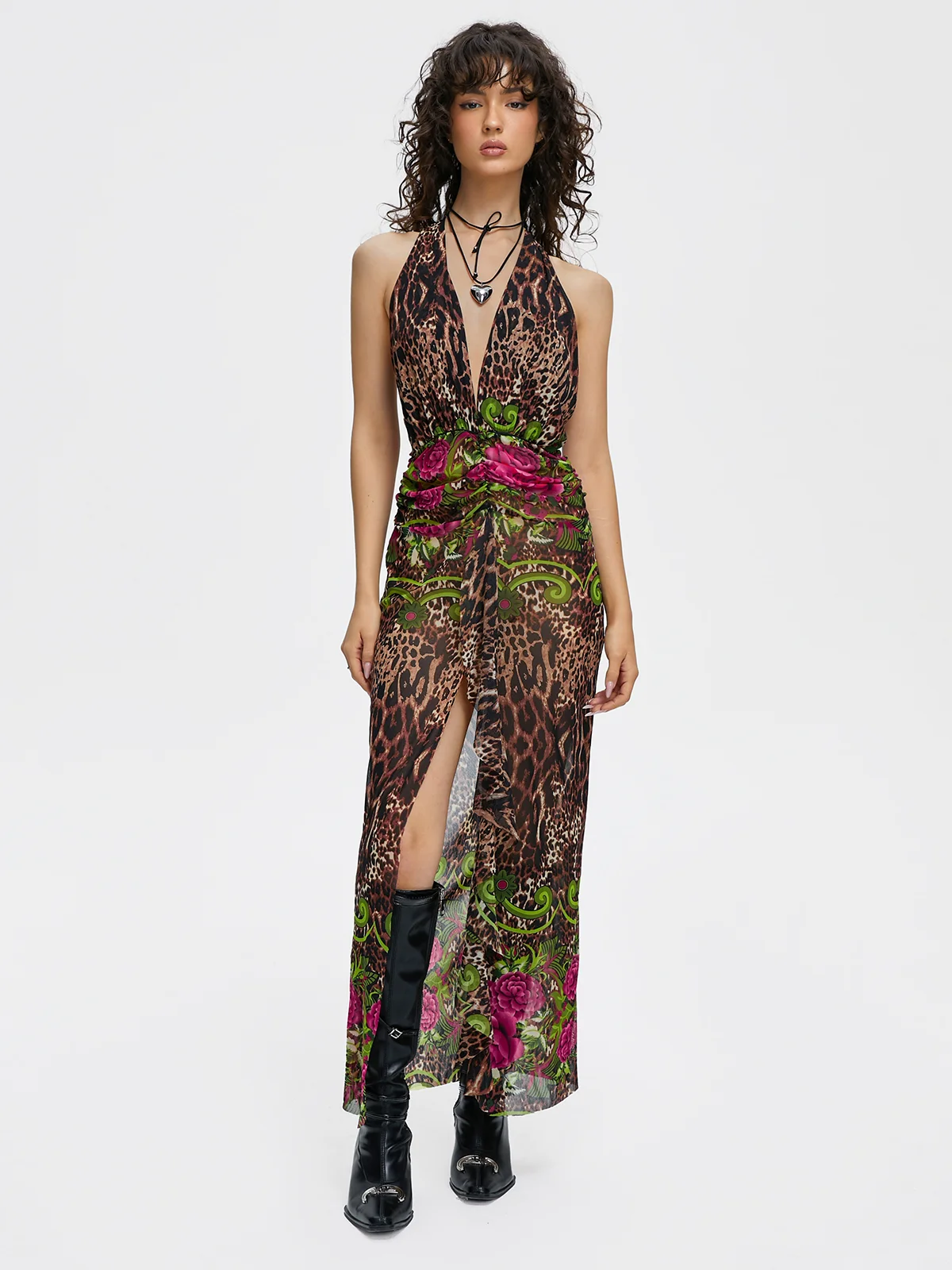 Side Slit Backless Halter Floral Sleeveless Maxi Dress