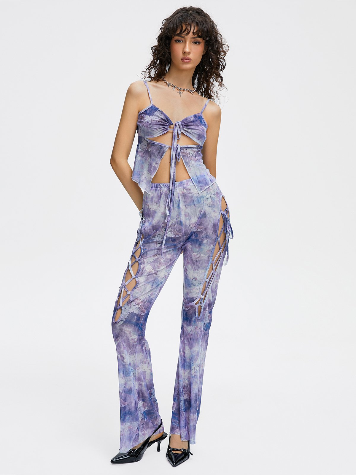 Mesh cut out Butterfly Top With Pants Two-Piece Set