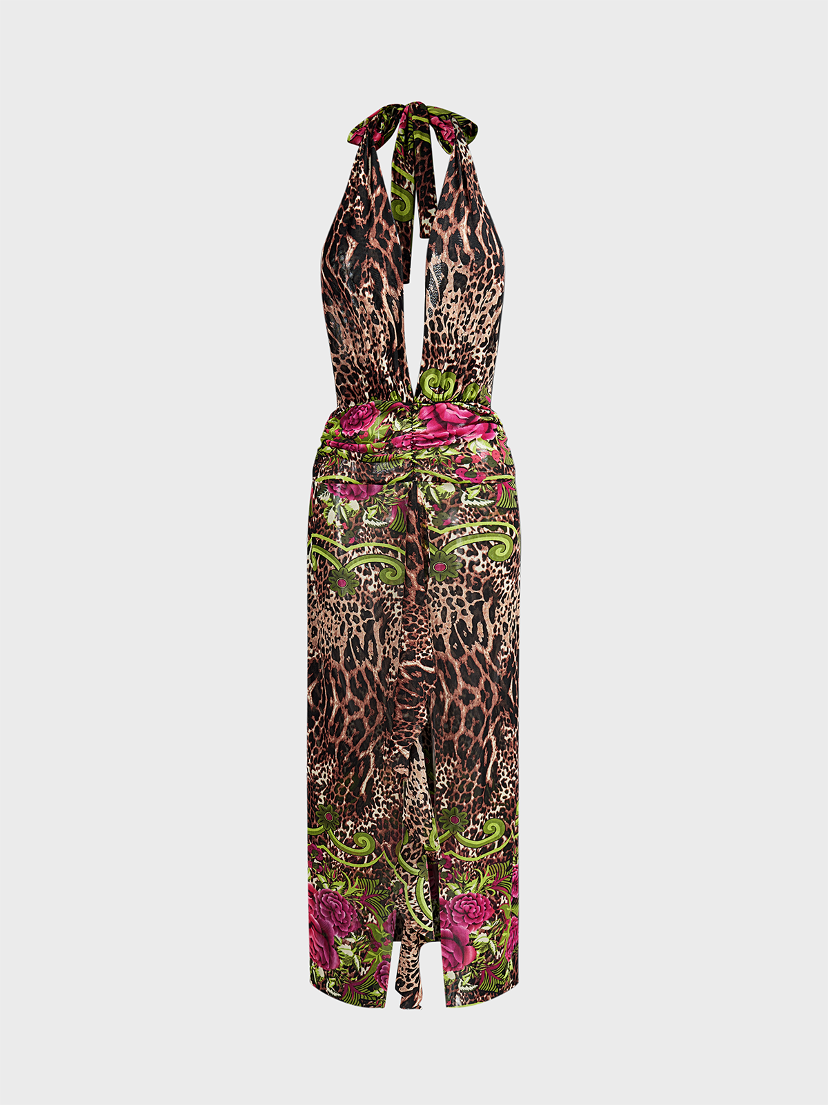 Side Slit Backless Halter Floral Sleeveless Maxi Dress