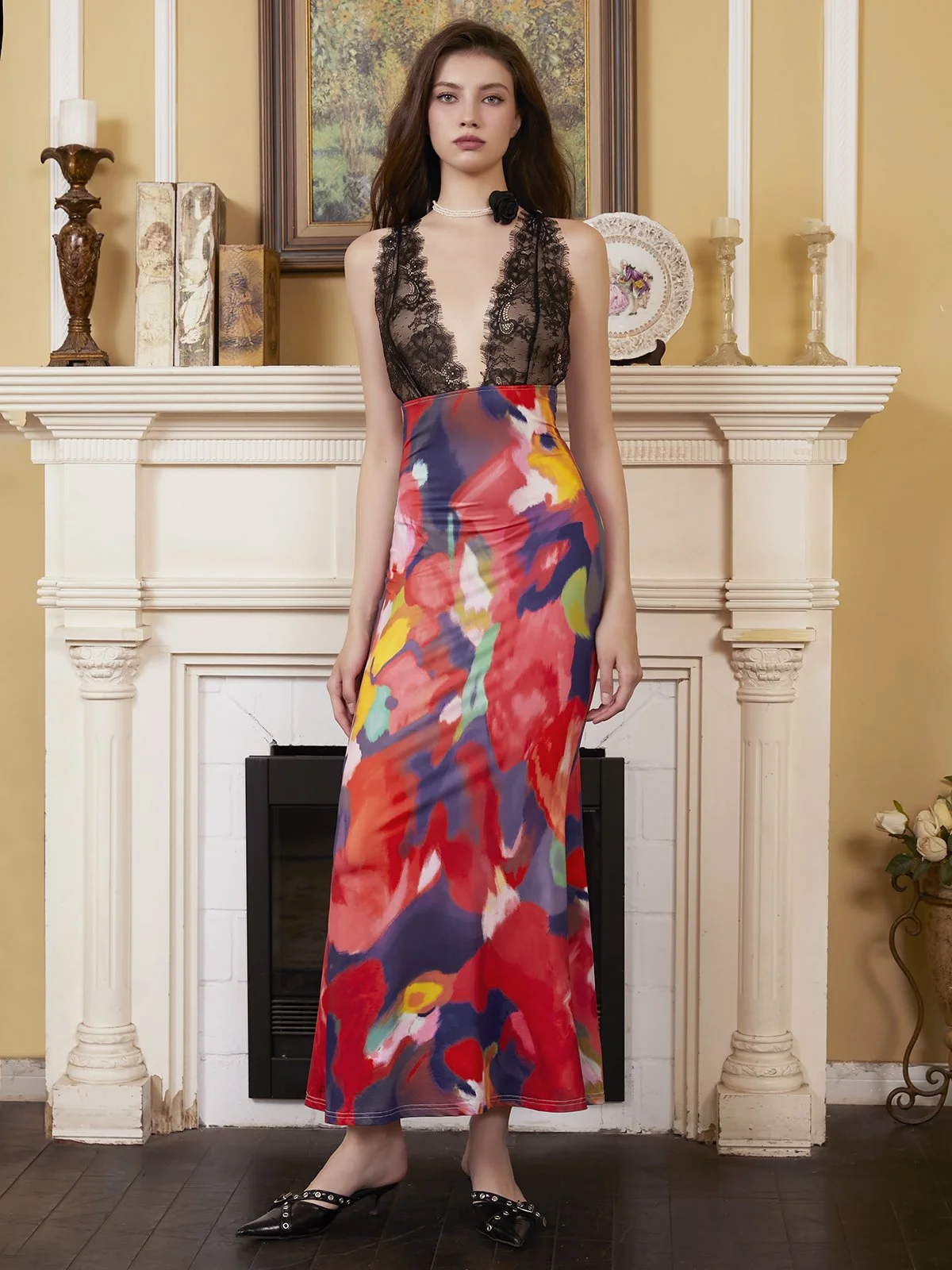 Edgy Multicolor Patchwork Lace Dress Midi Dress