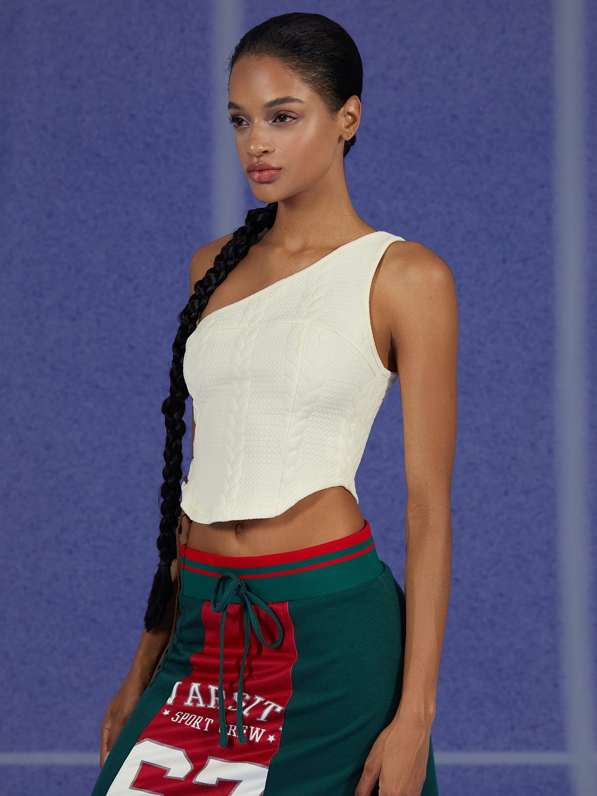 Jacquard Texture Lace Up One Shoulder Plain Crop Top