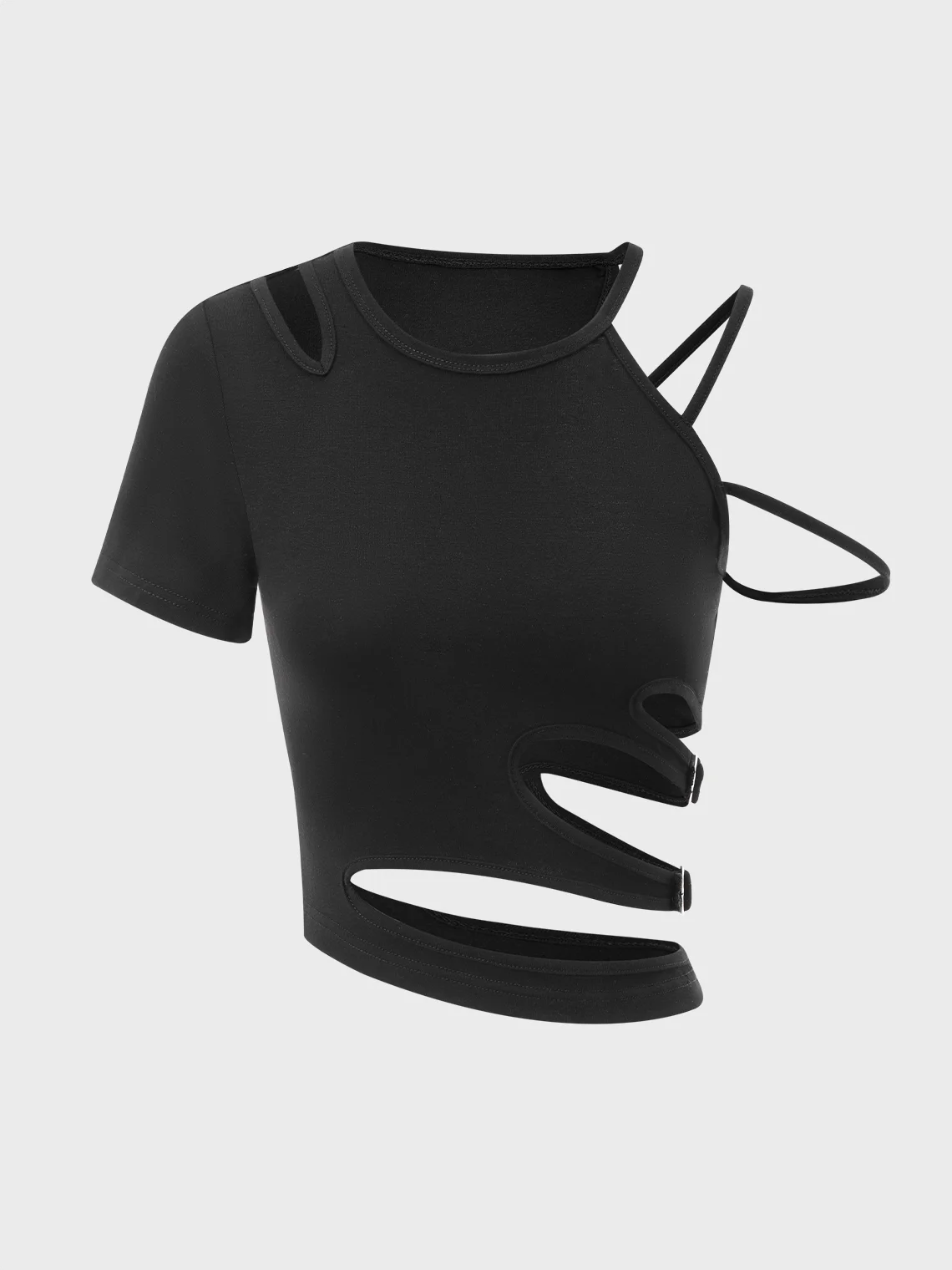 【Final Sale】Edgy Black Cut Out Asymmetrical Design Slim Top T-Shirt