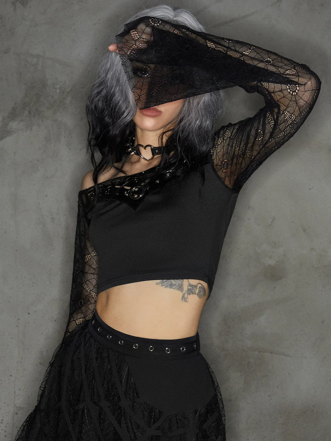 【Final Sale】Punk Black Lace Up Patchwork Mesh Halloween Top Women Top