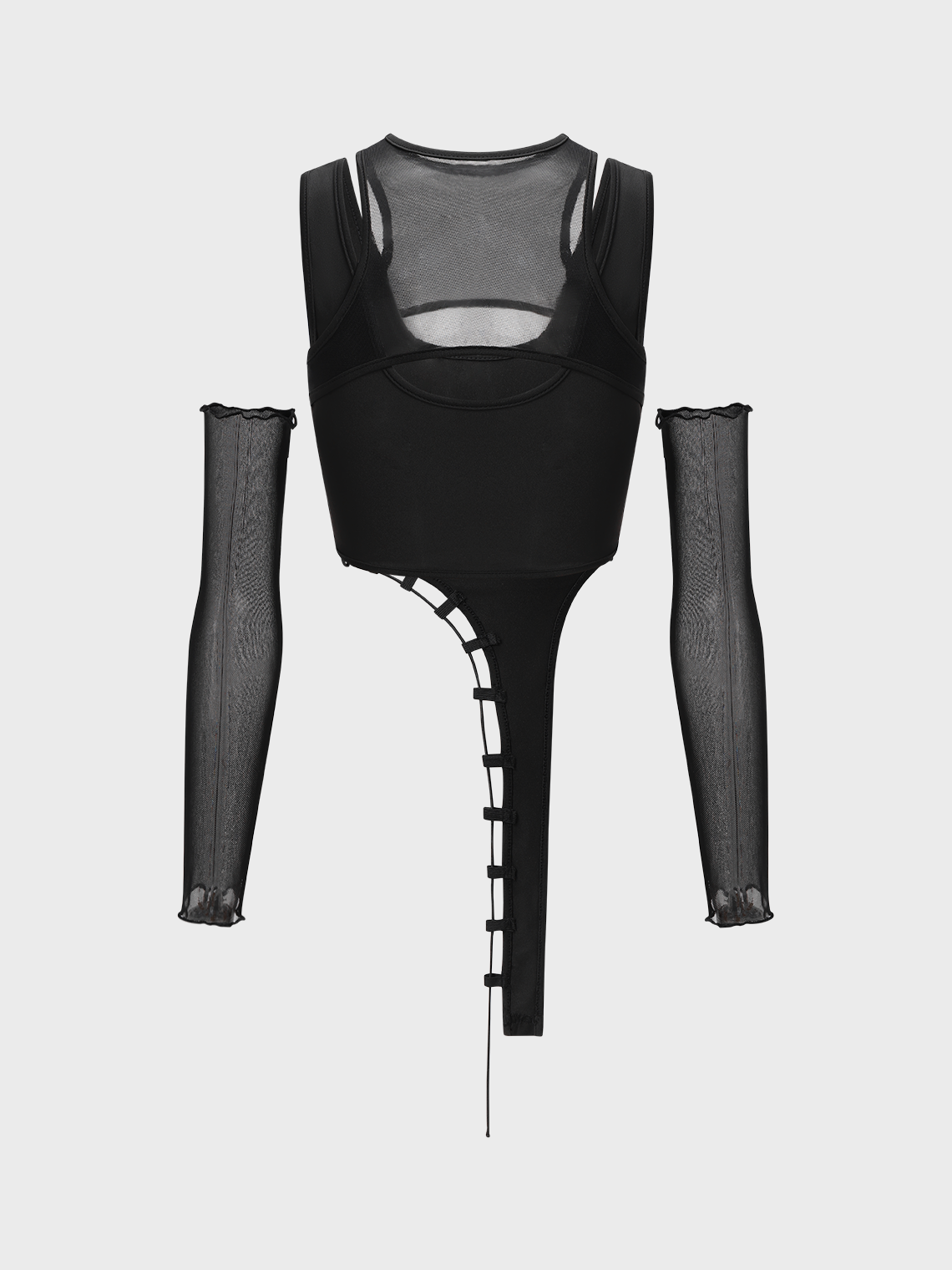 Edgy Black Mesh Asymmetrical Design Tiered Design Cyberpunk Top Women Top
