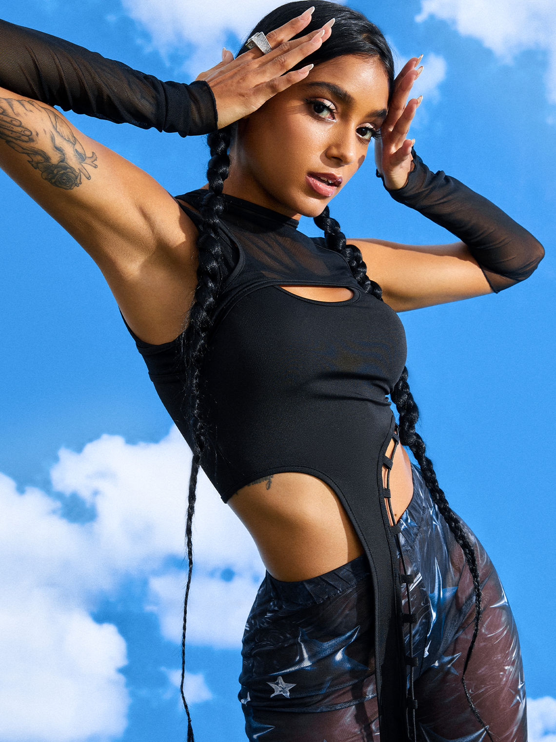 Edgy Black Mesh Asymmetrical Design Tiered Design Cyberpunk Top Women Top
