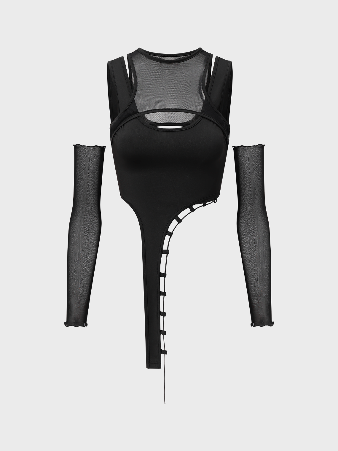 Edgy Black Mesh Asymmetrical Design Tiered Design Cyberpunk Top Women Top