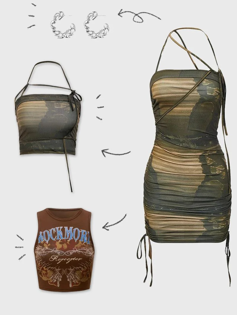 【Final Sale】Y2K Army Green Tie-Up Tie Dye Dress Mini Dress