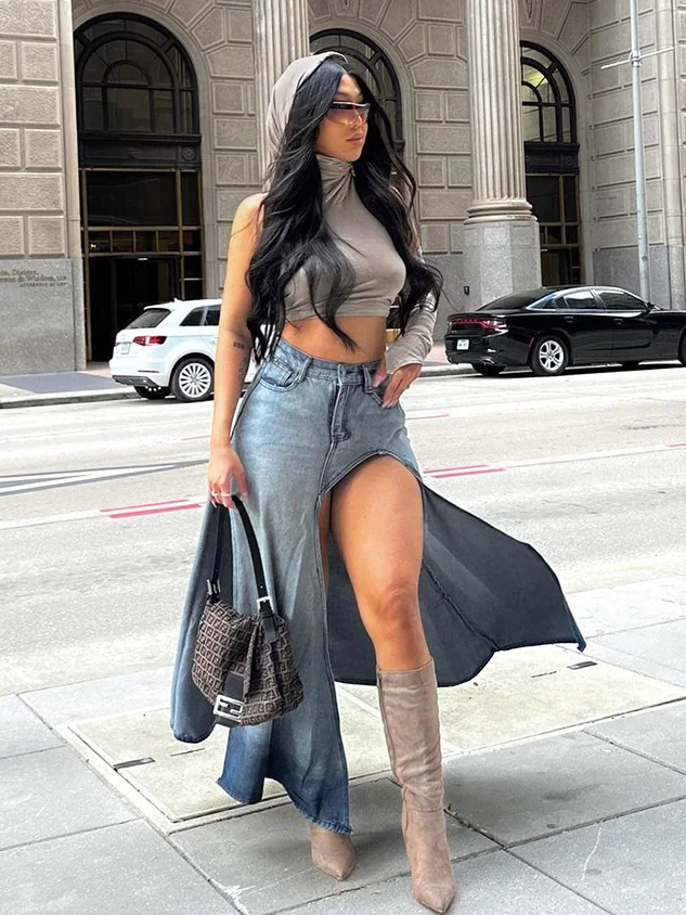 Street Blue Slit Denim Bottom Skirt