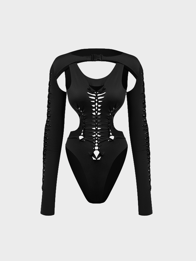 Cut Out Spaghetti Plain Long Sleeve Bodysuit