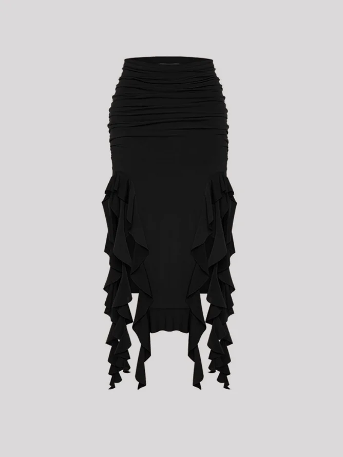 ruffles Side Slit Plain Maxi Skirt