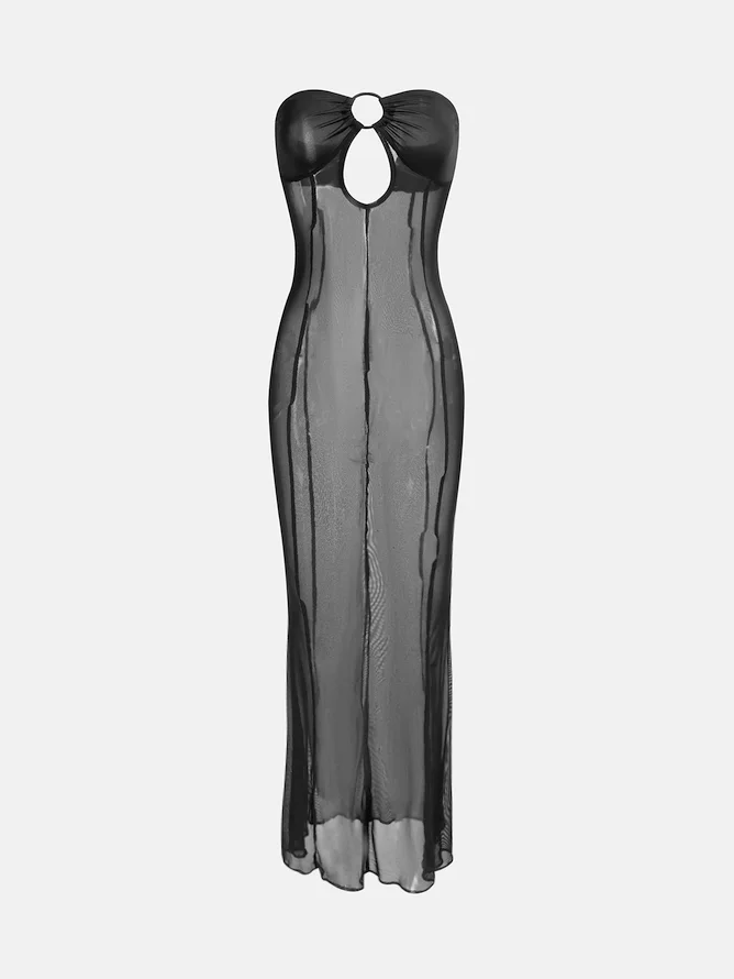 mesh cut out Strapless Plain Sleeveless Maxi Dress