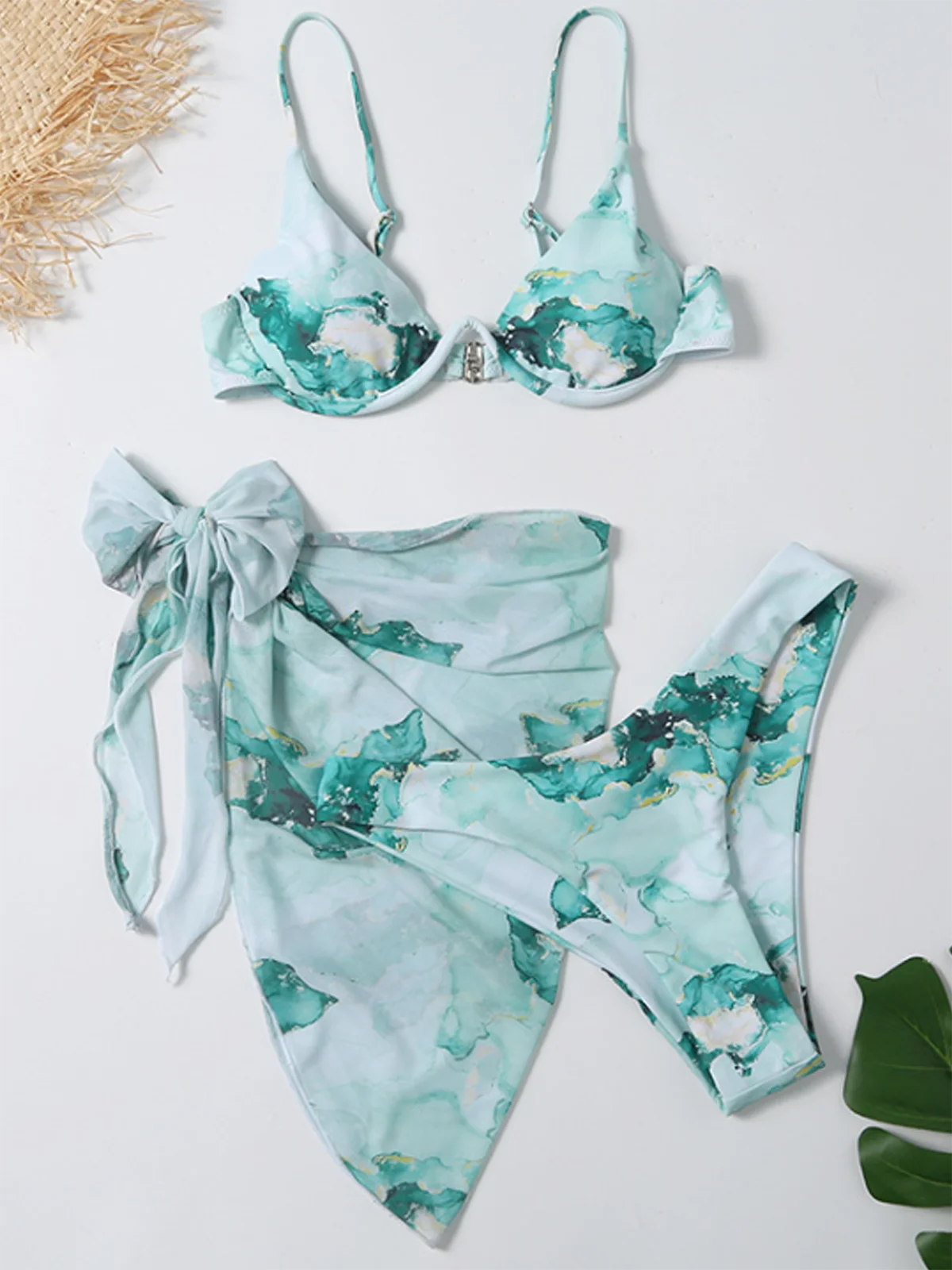 three Pieces Landscape Painting Bikini with Cover Up