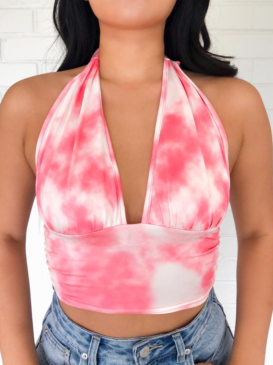 Pink Tie-Dye Halter Tank Top