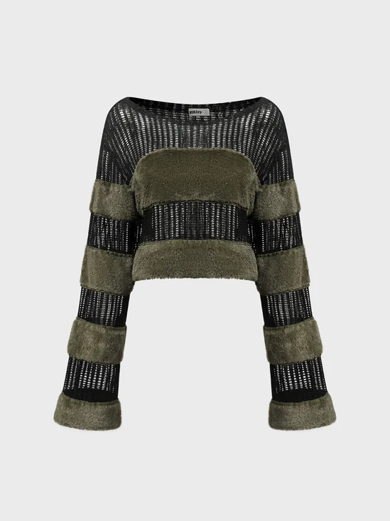 Net Cut Out Patchwork Fuzzy Long Sleeve Crop Top