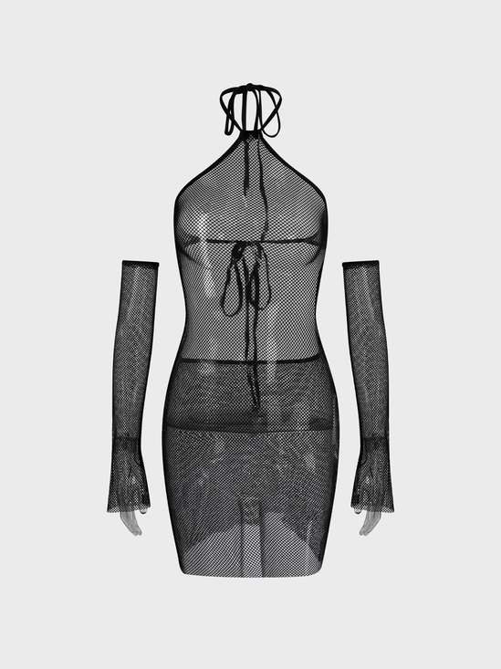 Street Black Fish net Lace up Dress Mini Dress