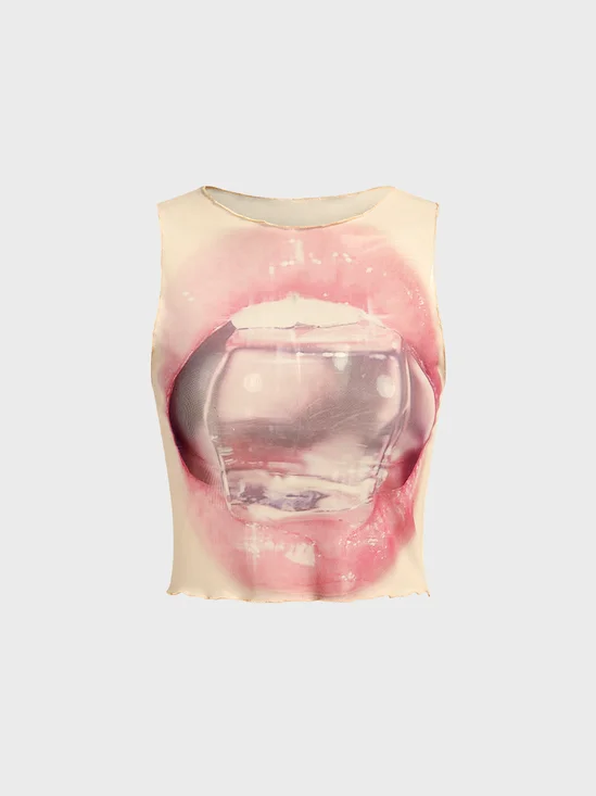 Y2k Pink Mesh Lips Top Tank Top & Cami