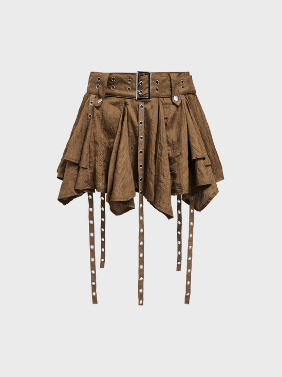 【Final Sale】Y2k Brown Irregular hem Belt Bottom Skirt