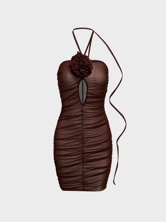 【Final Sale】Y2k Brown Double mesh 3D Rose Dress Mini Dress