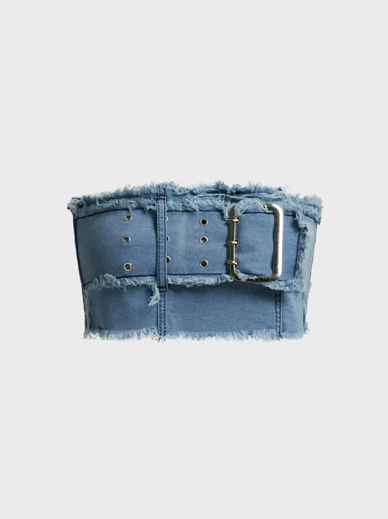 Street Blue Denim Belt Top Women Top