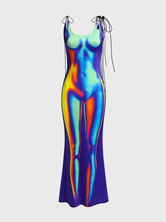 Y2k Multicolor Thermal body print Asymmetrical design Dress Midi Dress