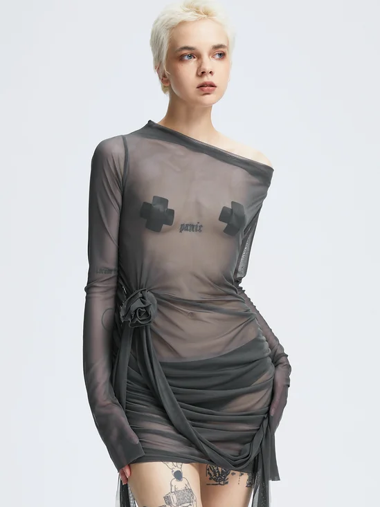 Y2k Gray Mesh Wrinkle Dress Mini Dress