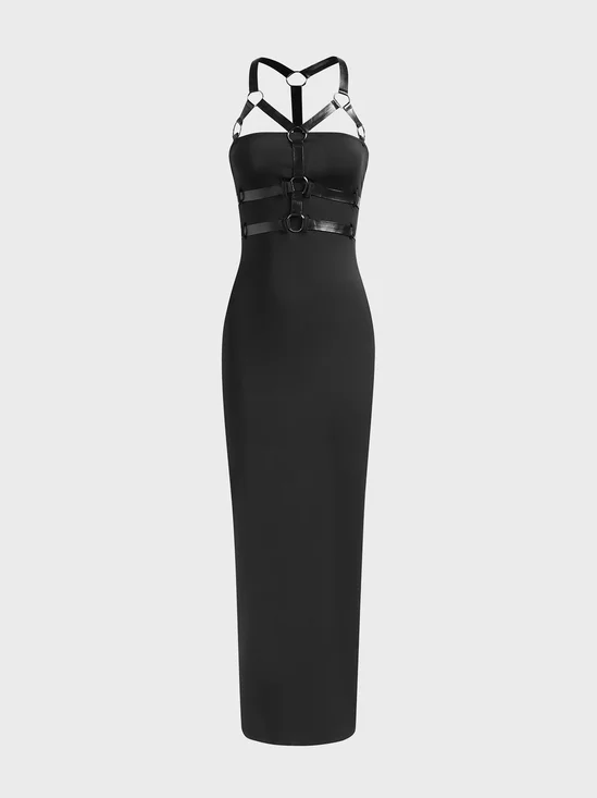 Lace Up PU Spaghetti Plain Maxi Dress