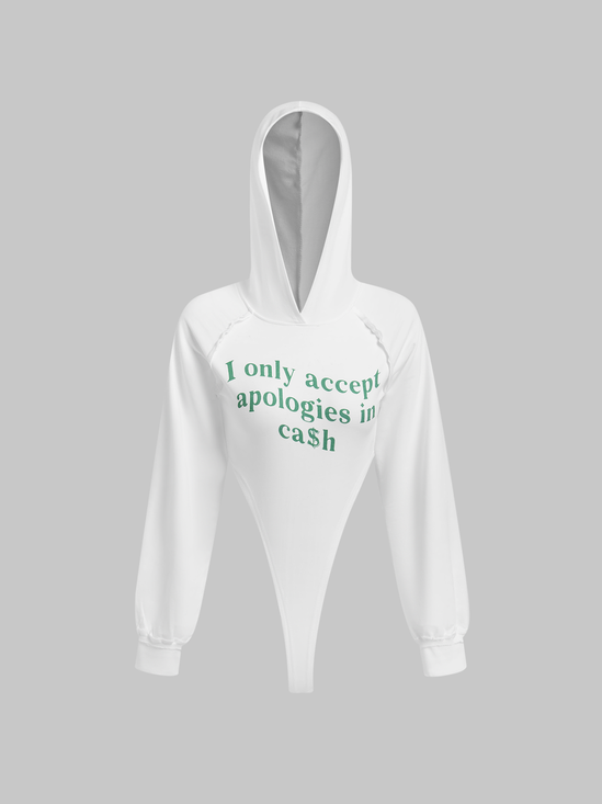 Hoodie Text Letters Long Sleeve Bodysuit