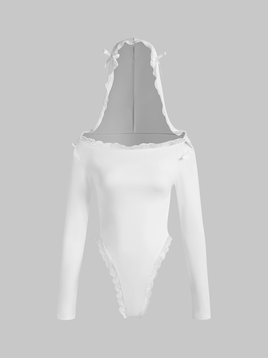 【Final Sale】Lace Trim Hoodie Plain Long Sleeve Bodysuit