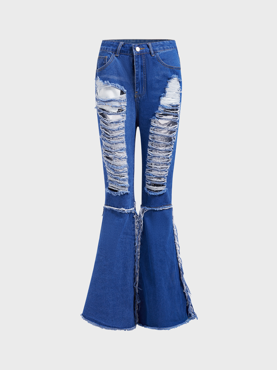 【Final Sale】Cut Out Plain Bell-Bottomtrousers Jeans
