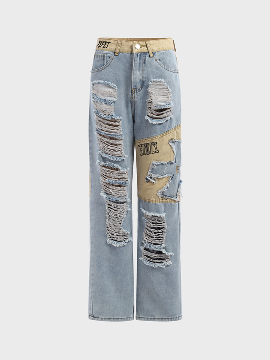 【Final Sale】Denim Raw Edge Hollow out Plain Straight Jeans