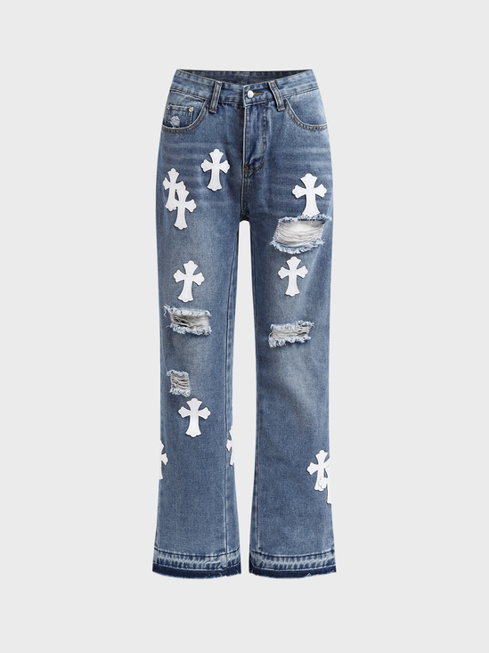 Denim Ripped Cross Bell-Bottomtrousers Jeans
