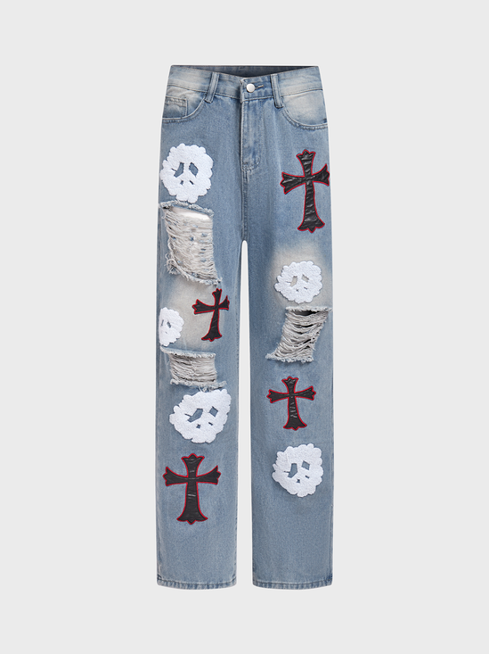 Denim Ripped Cut Out Cross Straight Jeans