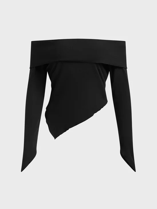 Asymmetrical Boat Neck Plain Long Sleeve Crop Top