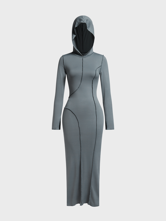 【Final Sale】Asymmetrical Hooded Plain Long Sleeve Maxi Dress