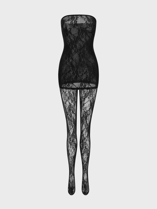 Lace Mesh Plain Tube Dress With Tights Two-Piece Set
