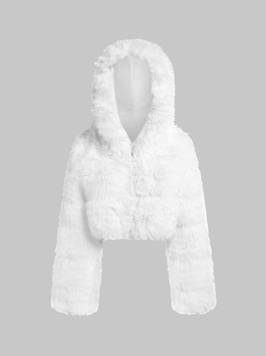 Fuzzy Hooded Plain Long Sleeve Coat
